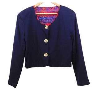 Vintage 90s Women's Cropped Jacket Buttons Funky Lagenlook Blue Print Size Small